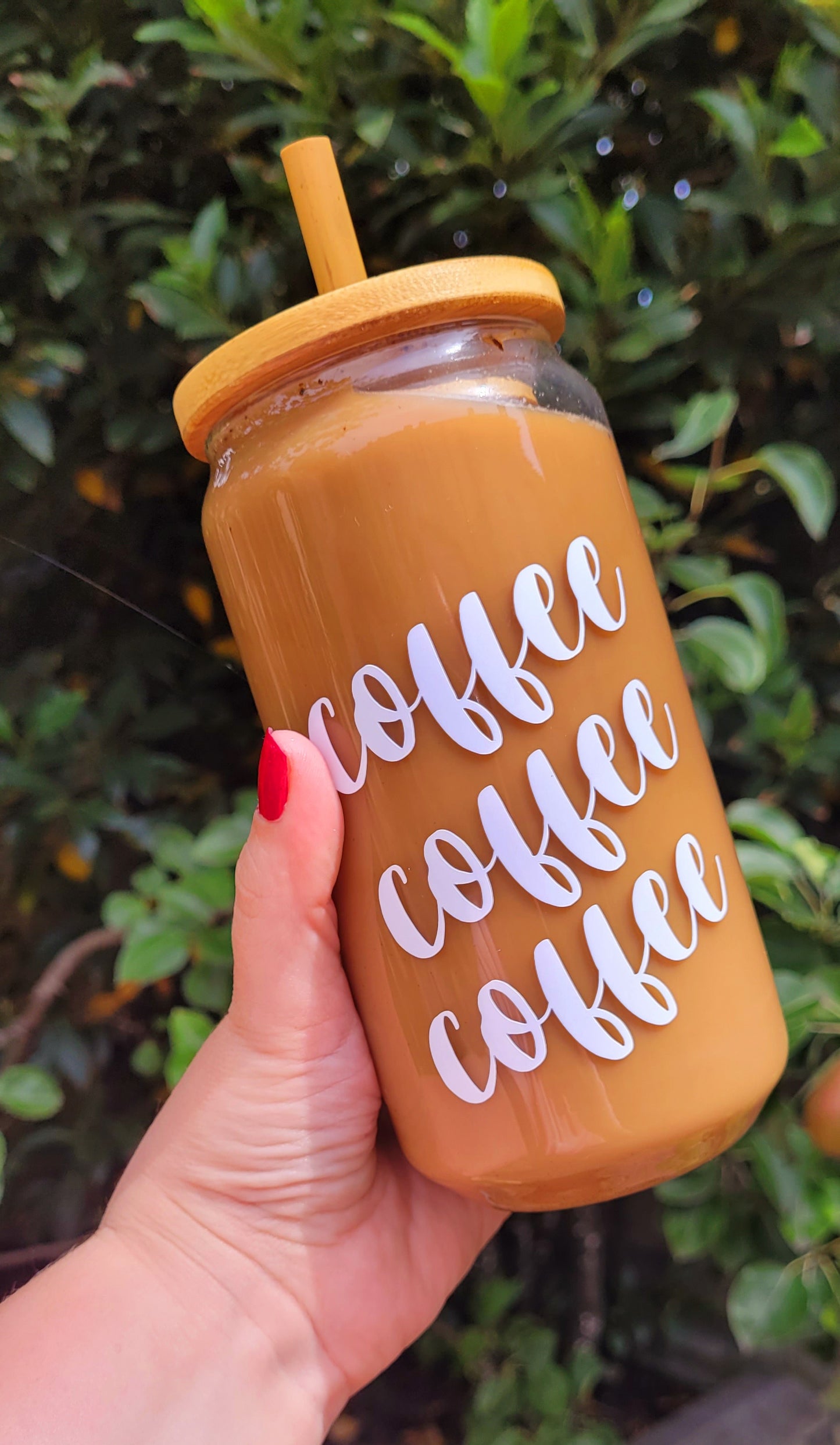 Coffee Glass Can with Bamboo Lid & Straw