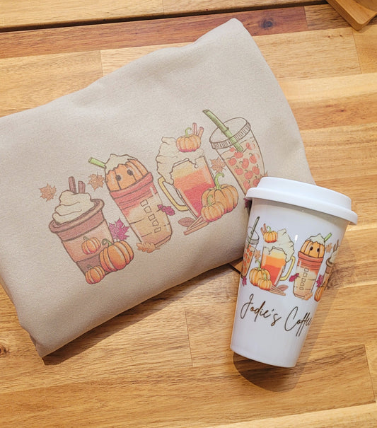 Sweatshirt & Ceramic Pumpkin Coffee Travel Mug Bundle