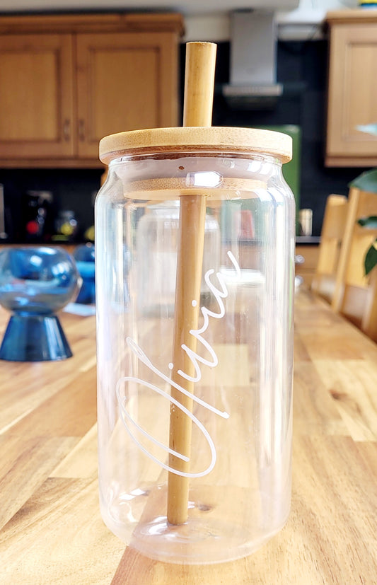 Name Glass Can with Bamboo Lid & Straw