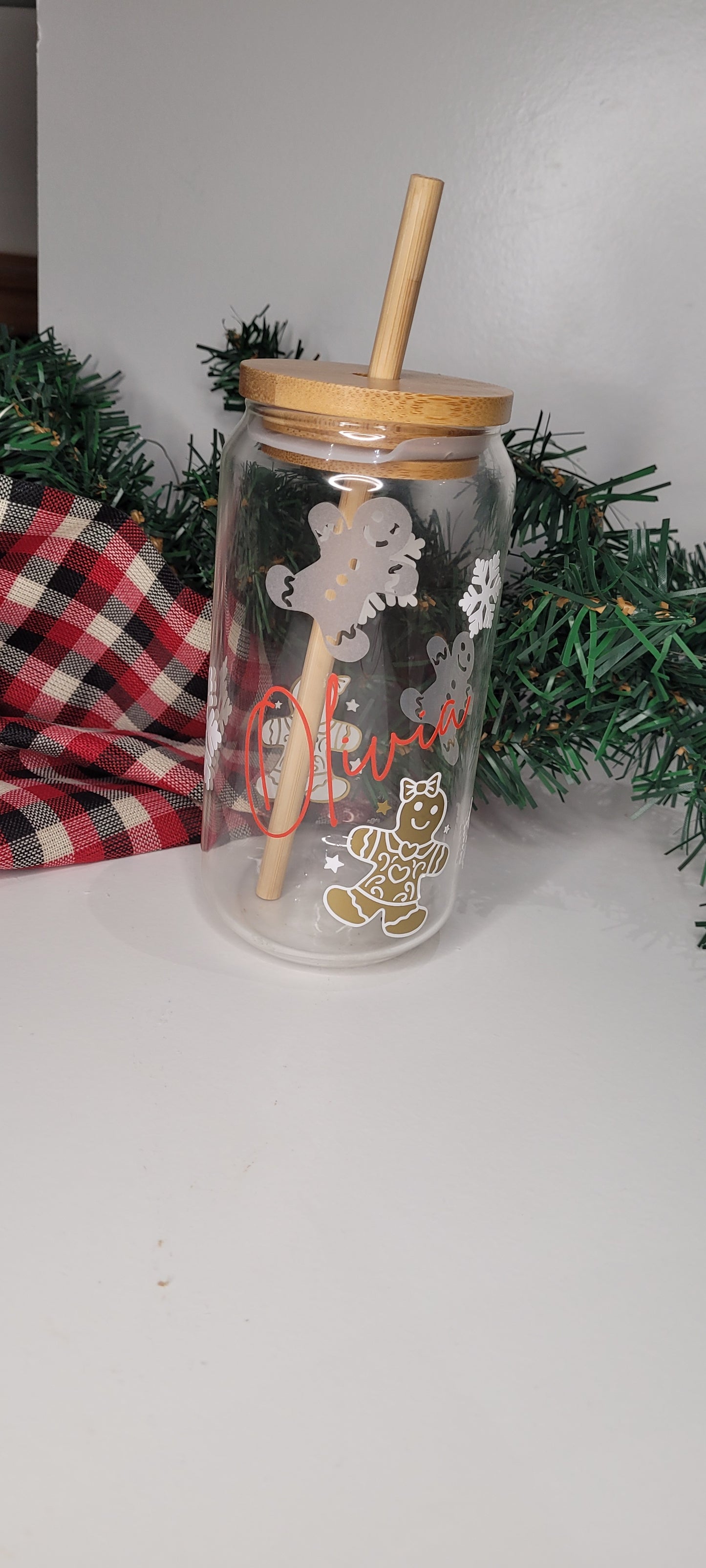 Gingerbread Glass Can with Bamboo Lid & Straw